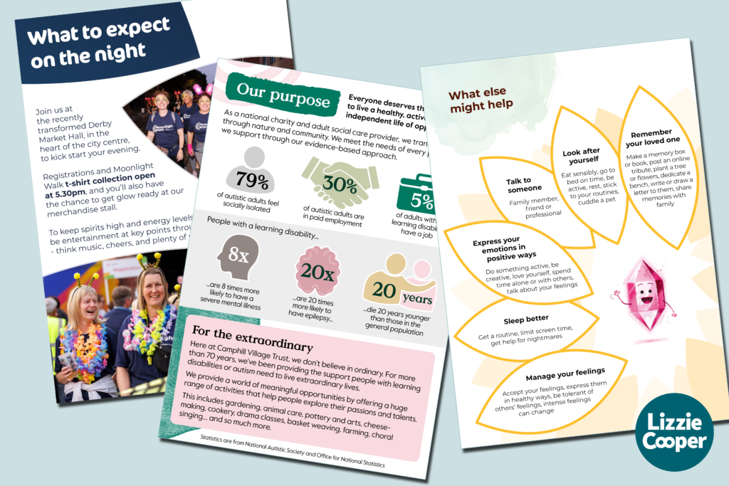 Three of Lizzie's graphic design examples, spread out on a pale teal background.