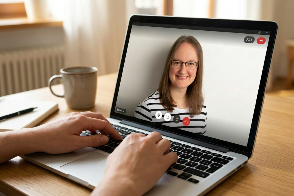 A laptop on a desk with a video call with Lizzie on the screen.