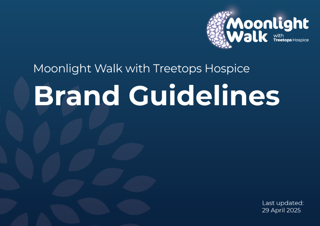 Front cover of Moonlight Walk 2025 brand guidelines. It's dark blue with white text and logo.