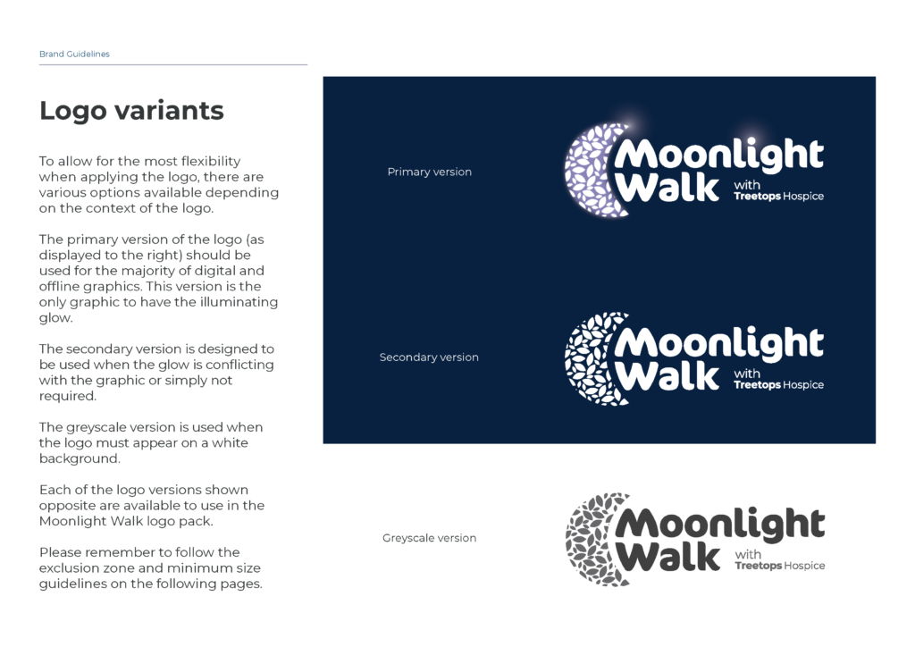 Extract from the brand guidelines showing the primary, secondary and greyscale logos.