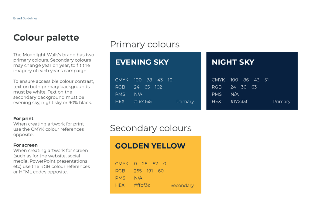 Extract from the brand guidelines showing the primary and secondary colours for the event.