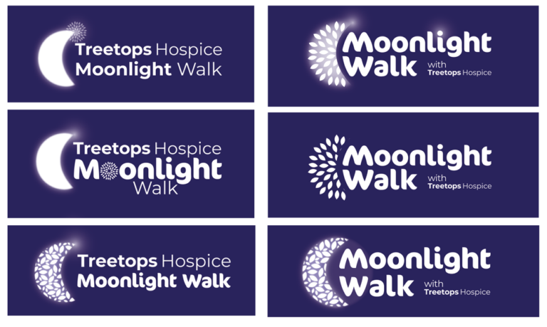 6 early ideas for the Moonlight Walk logo. They're all white on dark blue backgrounds