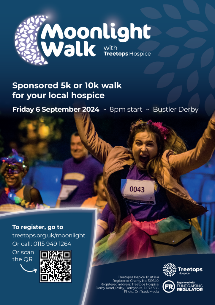 Moonlight Walk poster featuring a young lady jumping for joy in a colourful tutu, with event details in white on dark blue backgrounds around her.