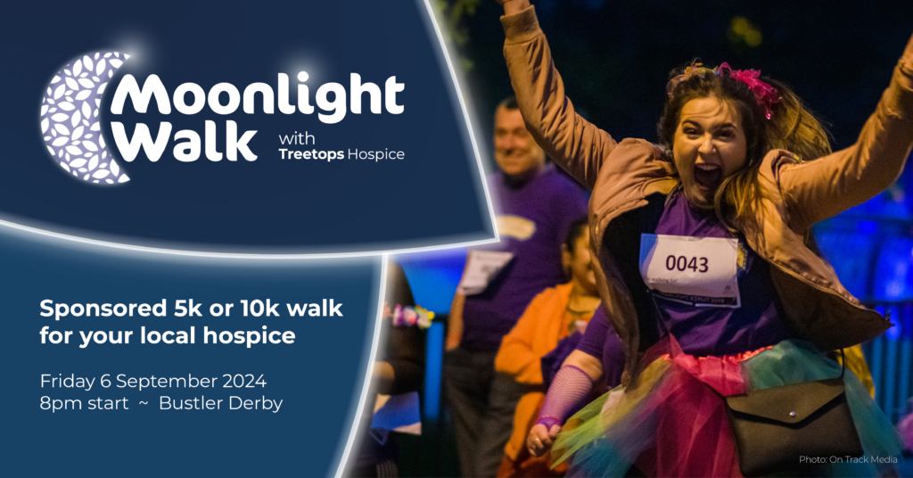 Young lady in a bright colourful tutu is jumping in the air and shouting with joy. To the side is the Moonlight Walk logo with the words sponsored 5k or 10k walk for your local hospice.