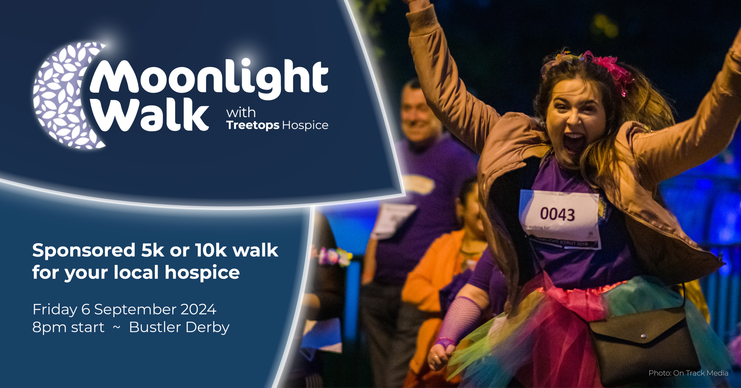 Young lady in a bright colourful tutu is jumping in the air and shouting with joy. To the side is the Moonlight Walk logo with the words sponsored 5k or 10k walk for your local hospice.
