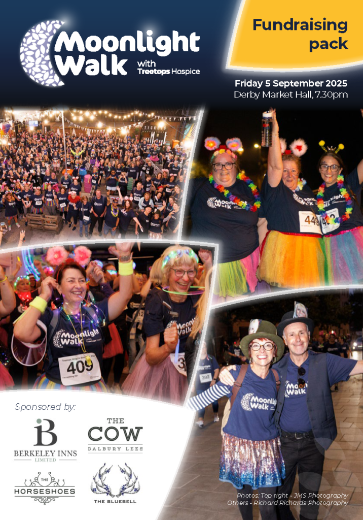 Fundraising pack front cover showing four large photos showing happy people enjoying the event. It also includes the Moonlight Walk logo and sponsor logos.