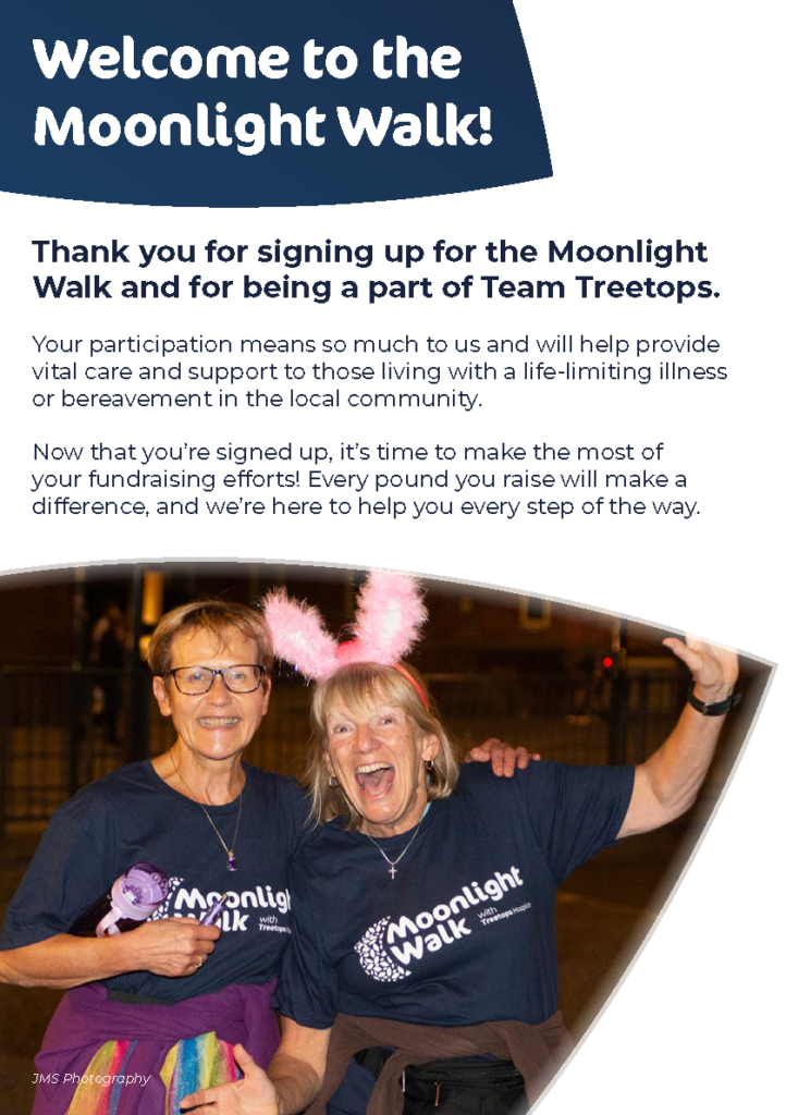 First page of the fundraising pack. The title says welcome to the Moonlight Walk, and a photo shows a grinning couple wearing bunny ears.
