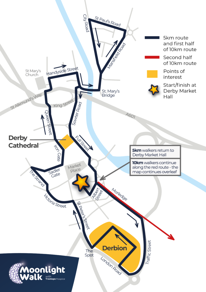 Simple line drawn map showing the first half of the Moonlight Walk route for 2025