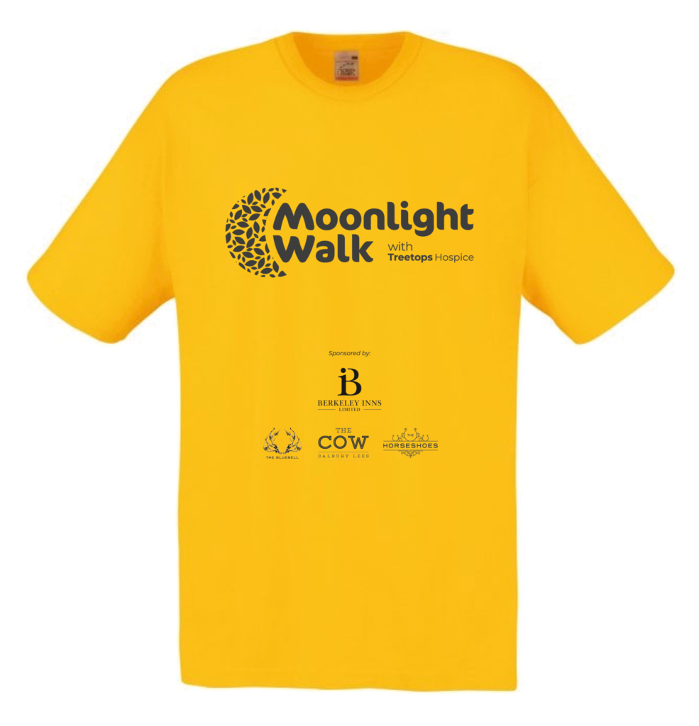 A bright yellow t shirt with dark grey Moonlight Walk and sponsor logos