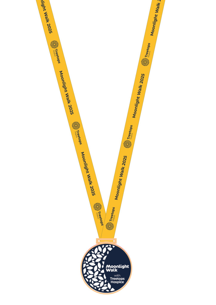 A mock up image of an event medal. A dark blue disc with the Moonlight Walk logo hangs from a bright yellow ribbon