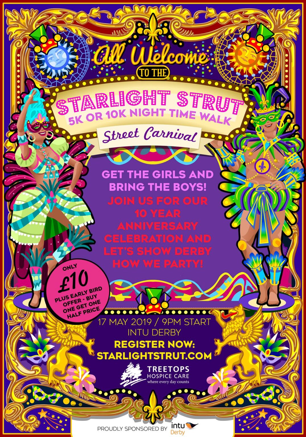 Bright, bust, difficult to read poster advertising the Starlight Strut in 2019. It has a carnival theme and so many colours and text that it's almost impossible to read.