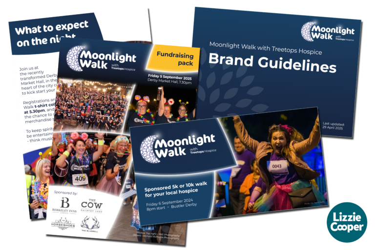 Selection of materials for a fundraising event, including a brand guidelines document, pages from a fundraising pack, and a social media post.