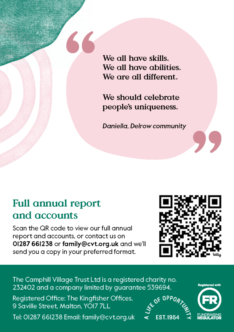 Quote from Daniella from the Delrow community, saying we all have skills, we all have abilities, we are all different. We should celebrate people’s uniqueness.